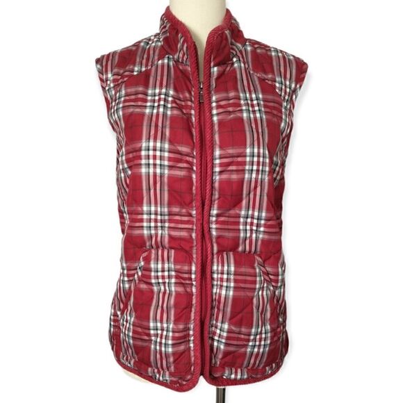 Buffalo Plaid Puffy Vest Quilted Red Pockets Cinched Medium Outdoors Academia - Picture 4 of 16